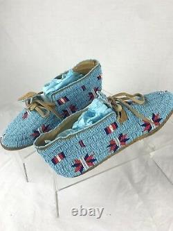 Vintage Authentic Souix Tribe Full Beaded Moccasins Blue Native American Indian