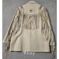 Vintage Cream Scully Leather Suede Fringe Jacket Native American Beaded Size 44