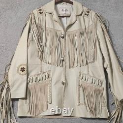 Vintage Cream Scully Leather Suede Fringe Jacket Native American Beaded Size 44