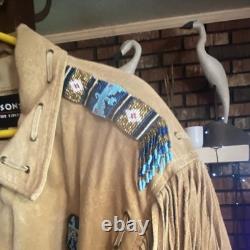 Vintage Customized Tan Suede Fringe Native American Beaded Jacket Men's L