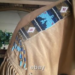 Vintage Customized Tan Suede Fringe Native American Beaded Jacket Men's L