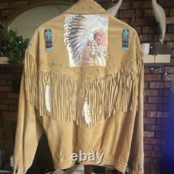 Vintage Customized Tan Suede Fringe Native American Beaded Jacket Men's L