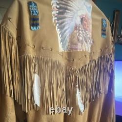Vintage Customized Tan Suede Fringe Native American Beaded Jacket Men's L