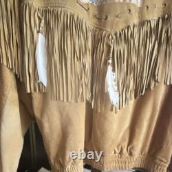 Vintage Customized Tan Suede Fringe Native American Beaded Jacket Men's L