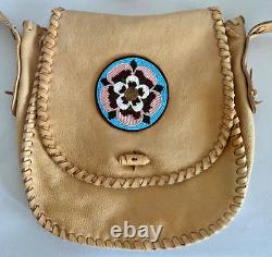 Vintage Genuine Native American Indian Leather Purse with Beaded Detail Whipstitch