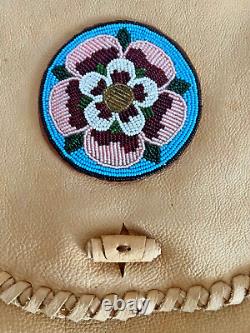 Vintage Genuine Native American Indian Leather Purse with Beaded Detail Whipstitch