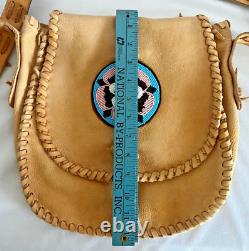 Vintage Genuine Native American Indian Leather Purse with Beaded Detail Whipstitch