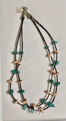 Vintage Genuine Turquoise Silver Double Strand Heishi Shell Necklace 24