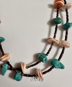 Vintage Genuine Turquoise Silver Double Strand Heishi Shell Necklace 24
