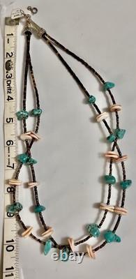 Vintage Genuine Turquoise Silver Double Strand Heishi Shell Necklace 24
