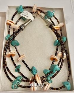 Vintage Genuine Turquoise Silver Double Strand Heishi Shell Necklace 24