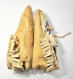 Vintage Handmade Native American Beaded Soft Sole Hide Moccasins Size 9