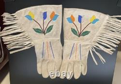Vintage Indian Beaded Gaunlets, Gloves, Flower Pattern Native American