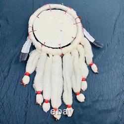 Vintage Large Dream Catcher Fur Wool Feathers Native American Beaded handpainted