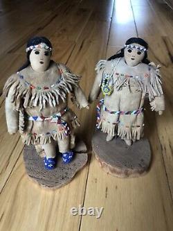 Vintage Leather Native American Dolls Couple, Beaded Buckskin, Stands, Fine Work