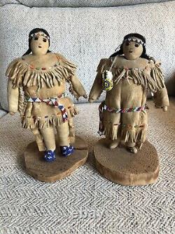 Vintage Leather Native American Dolls Couple, Beaded Buckskin, Stands, Fine Work