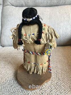 Vintage Leather Native American Dolls Couple, Beaded Buckskin, Stands, Fine Work