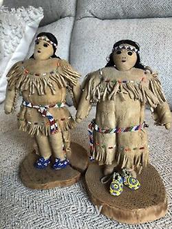 Vintage Leather Native American Dolls Couple, Beaded Buckskin, Stands, Fine Work