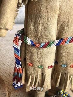 Vintage Leather Native American Dolls Couple, Beaded Buckskin, Stands, Fine Work