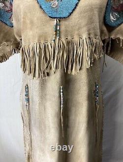Vintage NATIVE AMERICAN Floral Deerskin Buckskin Dress Heavily Beaded Fringe