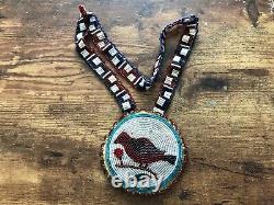 Vintage NATIVE AMERICAN INDIAN Glass Beaded Medallion Necklace BIRD BRANCH BERRY