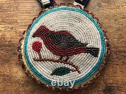 Vintage NATIVE AMERICAN INDIAN Glass Beaded Medallion Necklace BIRD BRANCH BERRY