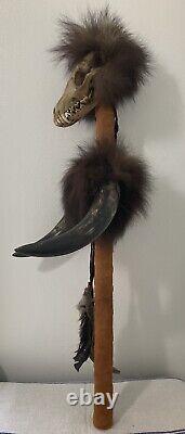 Vintage NATIVE AMERICAN MEDICINE STICK with Skull, Horns, Feathers and Beads 32 in