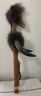 Vintage NATIVE AMERICAN MEDICINE STICK with Skull, Horns, Feathers and Beads 32 in