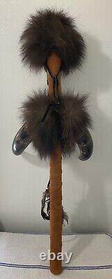 Vintage NATIVE AMERICAN MEDICINE STICK with Skull, Horns, Feathers and Beads 32 in