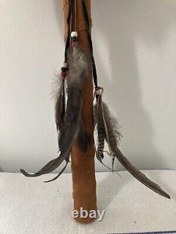 Vintage NATIVE AMERICAN MEDICINE STICK with Skull, Horns, Feathers and Beads 32 in