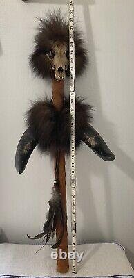 Vintage NATIVE AMERICAN MEDICINE STICK with Skull, Horns, Feathers and Beads 32 in