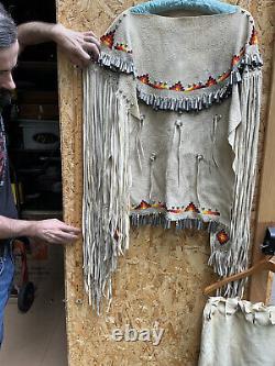 Vintage Native American Apache Beaded Leather Dress With Tin Cones