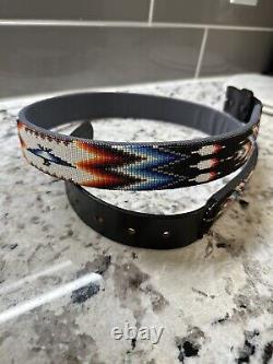 Vintage Native American/Aztec Handwoven Beaded Thunderbird Leather Belt 40