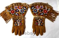 Vintage Native American BEADED GAUNTLET GLOVES 13 Deerskin Suede