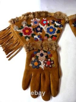 Vintage Native American BEADED GAUNTLET GLOVES 13 Deerskin Suede