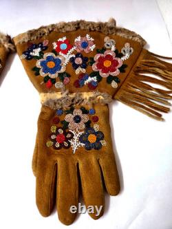 Vintage Native American BEADED GAUNTLET GLOVES 13 Deerskin Suede