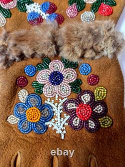 Vintage Native American BEADED GAUNTLET GLOVES 13 Deerskin Suede