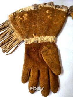 Vintage Native American BEADED GAUNTLET GLOVES 13 Deerskin Suede