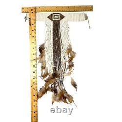 Vintage Native American Beaded Choker Long Feathered Fringe Two Tone Leather