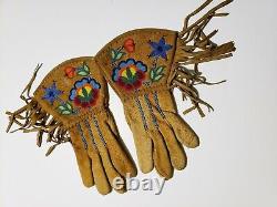 Vintage Native American Beaded Hide Gauntlet Gloves