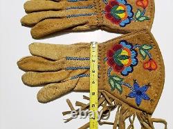 Vintage Native American Beaded Hide Gauntlet Gloves
