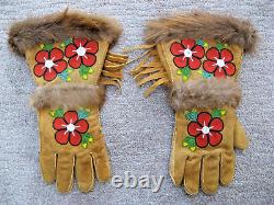 -$$$$, Vintage Native American Beaded Leather Fringe & Fur Trim Gauntlet Gloves