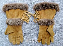 -$$$$, Vintage Native American Beaded Leather Fringe & Fur Trim Gauntlet Gloves