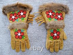 -$$$$, Vintage Native American Beaded Leather Fringe & Fur Trim Gauntlet Gloves