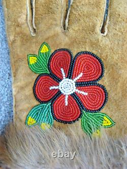 -$$$$, Vintage Native American Beaded Leather Fringe & Fur Trim Gauntlet Gloves