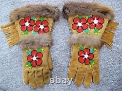 -$$$$, Vintage Native American Beaded Leather Fringe & Fur Trim Gauntlet Gloves
