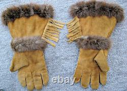 -$$$$, Vintage Native American Beaded Leather Fringe & Fur Trim Gauntlet Gloves
