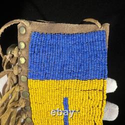 Vintage Native American Beaded Leather Knife Sheath 9.25 with Brass & Bell