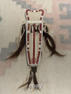 Vintage Native American Beaded Leather Knife Sheath Hair Tassels Quillwork