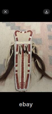 Vintage Native American Beaded Leather Knife Sheath Hair Tassels Quillwork